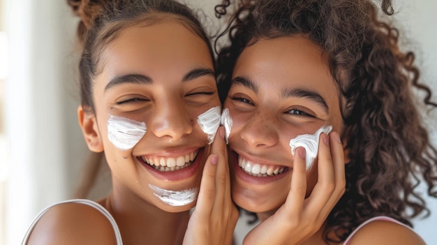 two joyful individuals with radiant smiles playfully applying facial cream on their cheeks evoking a sense of happiness and selfcare