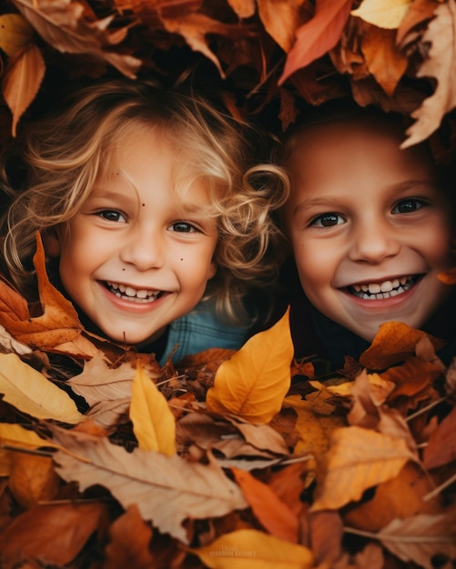 Two joyful kids their faces beaming surrounded by vibrant autumn leaves creating a picturesque moment of pure happiness