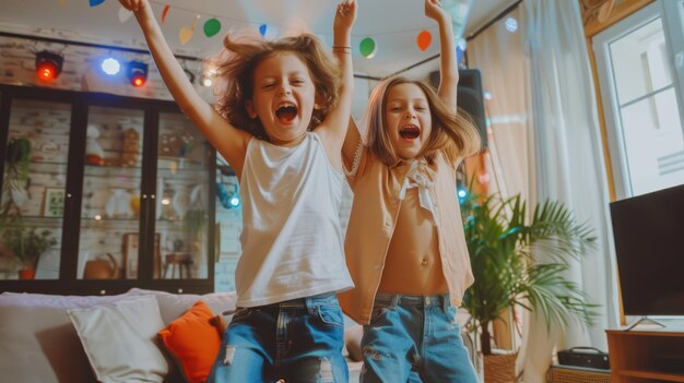 Two joyful siblings express their excitement as they dance together in the comfort of their home