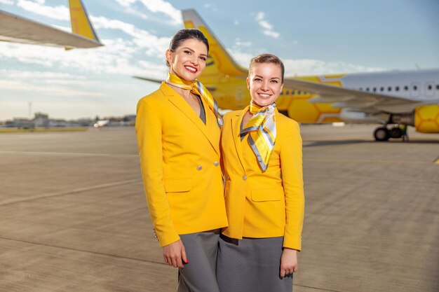 Two joyful women stewardesses looking at camera and smiling while standing at airfield with airplane on background