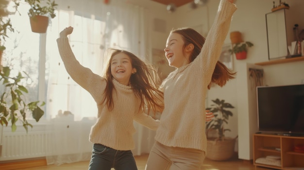 Photo two joyful young girls dance in a sunlit living room filled with plants showcasing their happiness during a lively afternoon together