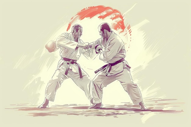 Two Ju Jitsu practitioners dressed in white uniforms spar in a dojo with a red and white background Illustrate the harmony between opponents in Ju Jitsu sparring