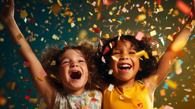 Two jubilant kids with wide smiles surrounded by flying colorful confetti