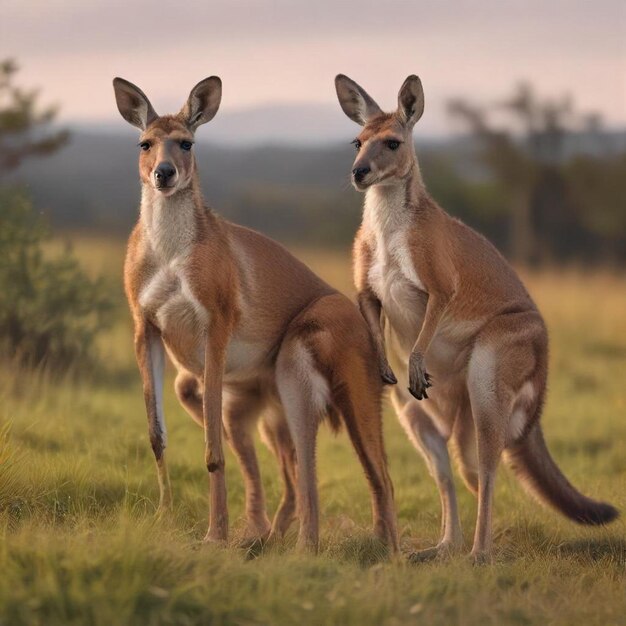 Photo two kangaroos are standing in a field one is facing the camera