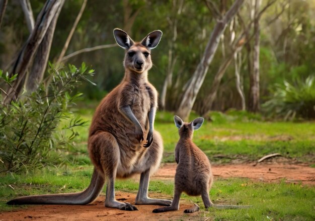 Photo two kangaroos are standing in a field with one that says kangaroo