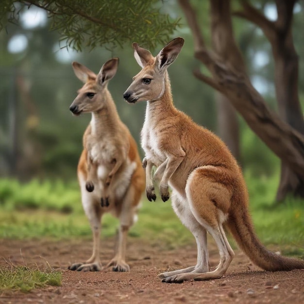 two kangaroos are standing in the grass and one is wearing a tag that says kangaroo on it