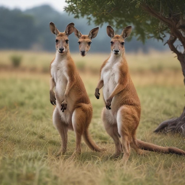 Photo two kangaroos stand in a field one has a tree in the background