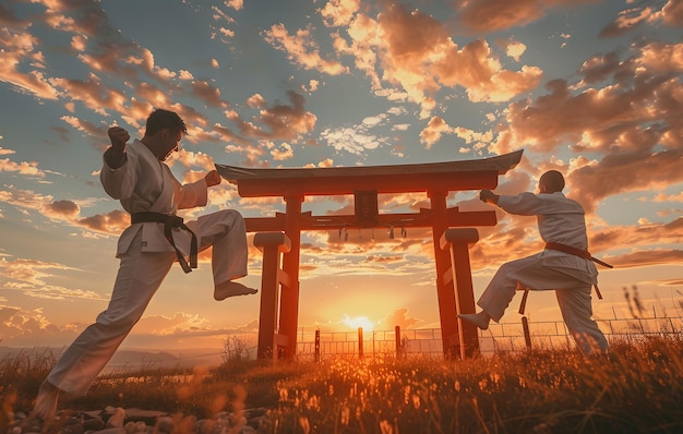 Two karate men practicing karate in the field at sunset