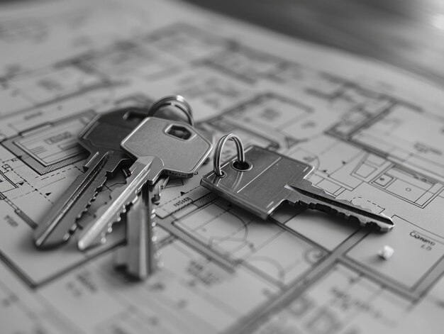 Two keys are on top of a piece of paper with a house plan The keys are silver and appear to be old Scene is nostalgic and somewhat melancholic as the keys seem to represent a bygone era