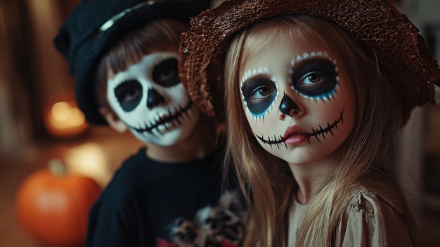 Two kids dressed in halloween costumes and spooky makeup