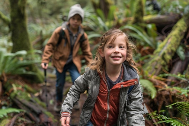 Photo two kids hiking in deep forest with bear behind