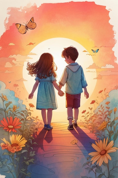 Two kids holding hands under a sunny sky