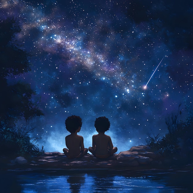 two kids sit in the water and look at the stars