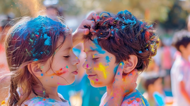 Photo two kids smearing color powder to each other face during holi celebration holi festival on the backg