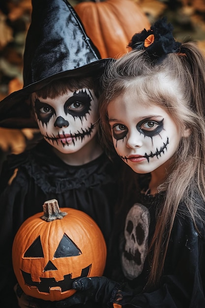 Two kids in spooky halloween costumes pose with frightening makeup and a pumpkin