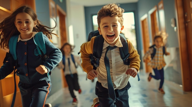 Two kids sprinting through hallway