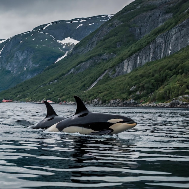 two killer whales are swimming in the water and one has a red boat in the background