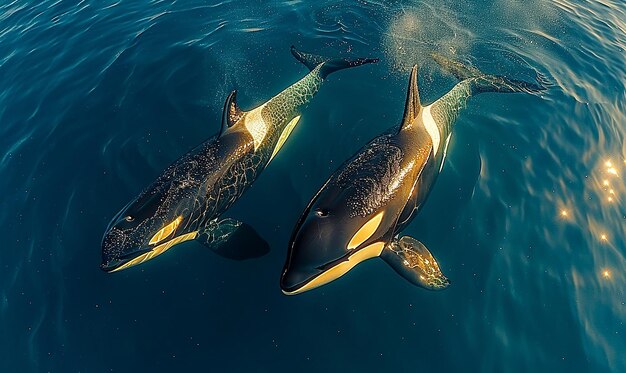 two killer whales are swimming in the water with one being a whale