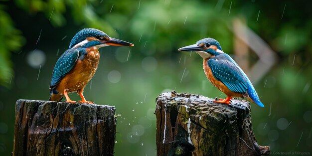 Photo two kingfishers perched on tree stumps in the rain