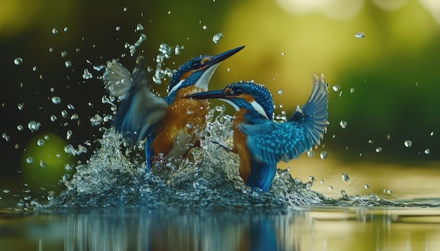 Photo two kingfishers splashing in water