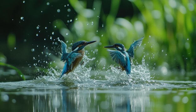 Photo two kingfishers splashing in water