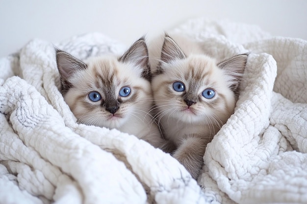 Photo two kittens are laying on a blanket with one of them has a blue eyes