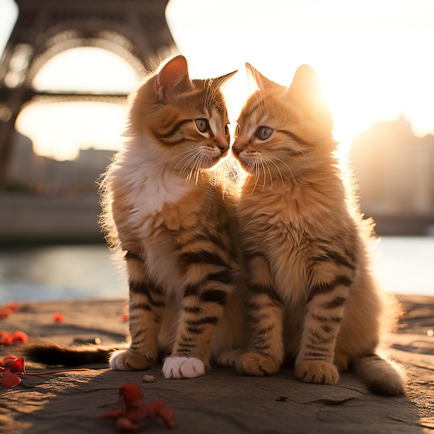 two kittens are sitting on a bench and one is kissing