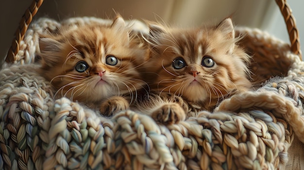 Photo two kittens are sitting on a woven blanket one has a blue and white striped pattern