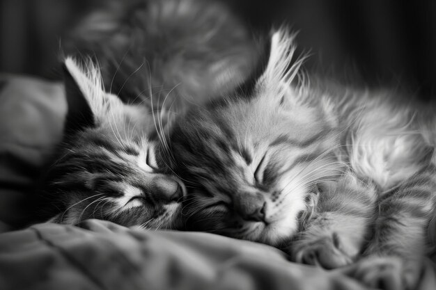 Photo two kittens are sleeping on blanket pair of kittens cuddle together for warmth their soft fur comforting sight