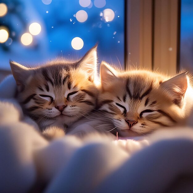 Two kittens are sleeping on the windowsill under a warm blanket