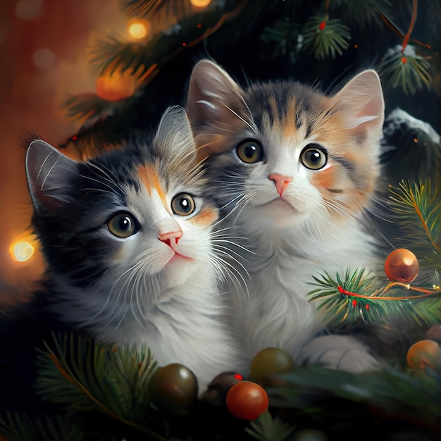 Two kittens under christmas tree Generative AI