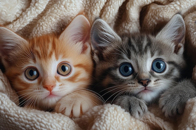 Photo two kittens in a cozy blanket