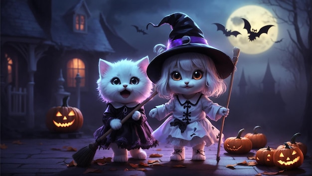 Two Kittens Dressed as Witches Excited for Hallows Eve