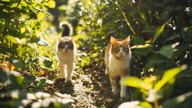 Photo two kittens explore a sunlit garden path surrounded by lush foliage capturing a moment of curiosity and playfulness