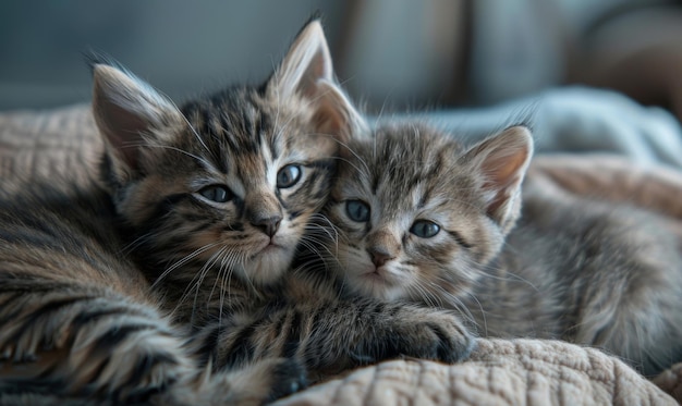 Photo two kittens laying on a bed with one being held up by one another