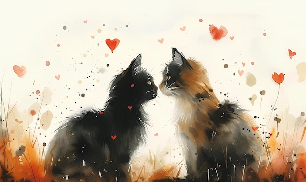 two kittens in love opposite each other cartoon style with red hearts valentines day card