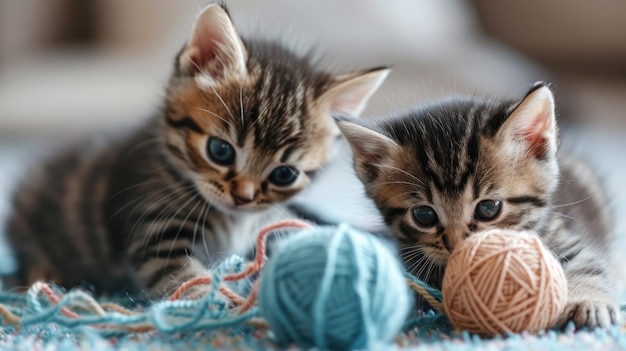 Photo two kittens playing with a ball of yarn kittens playing with balls of yarn