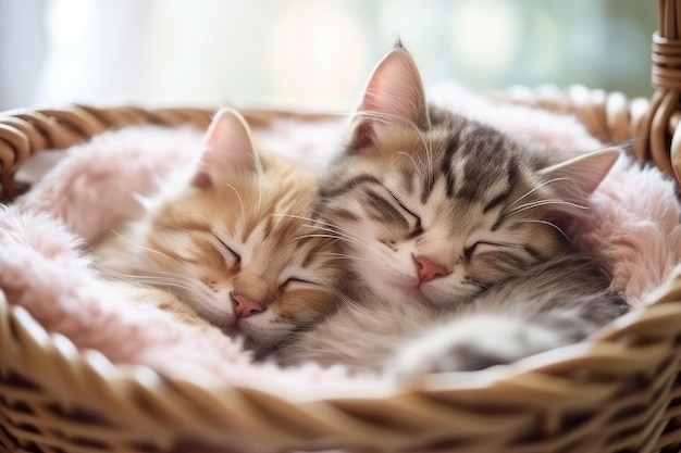 Two kittens sleeping in a basket, one of which is a pink blanket.