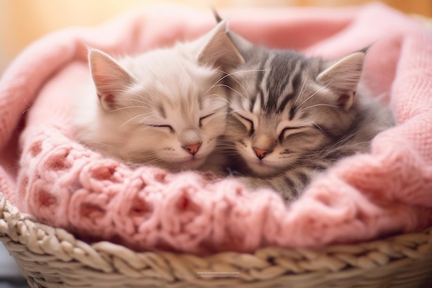 Two kittens sleeping in a basket with a pink blanket