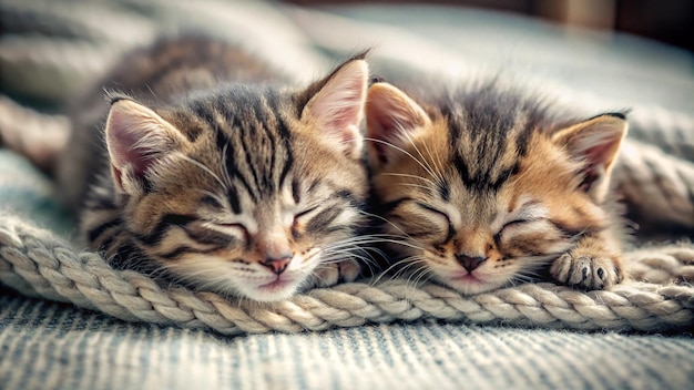 two kittens sleeping on a blanket with one sleeping