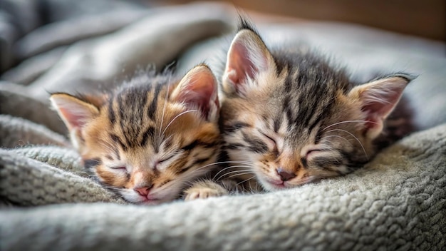 two kittens sleeping on a blanket with one sleeping