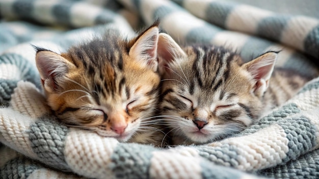 two kittens sleeping on a blanket with one sleeping