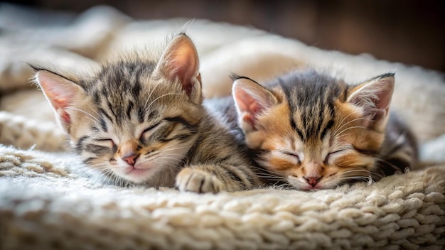 two kittens sleeping on a blanket with one sleeping