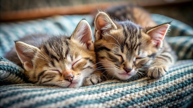 two kittens sleeping on a blanket with one sleeping