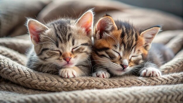 two kittens sleeping on a blanket with one sleeping