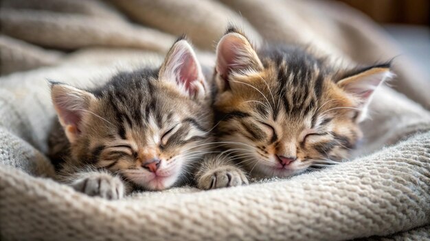 two kittens sleeping on a blanket with one sleeping