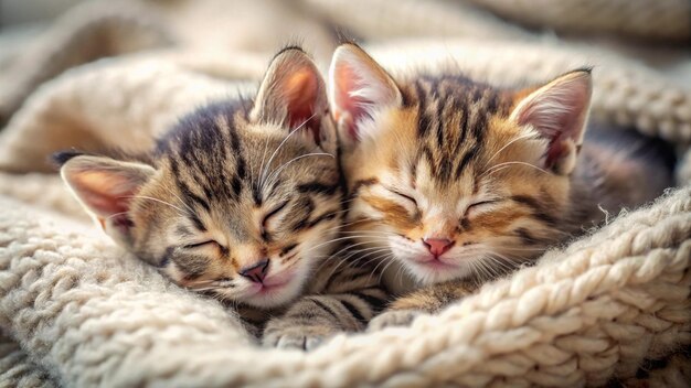 two kittens sleeping in a blanket with one sleeping