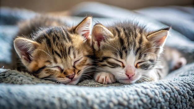 Photo two kittens sleeping on a blanket with one sleeping