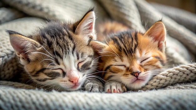 two kittens sleeping on a couch with one sleeping