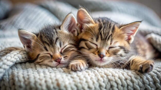 two kittens sleeping together on a blanket with one sleeping